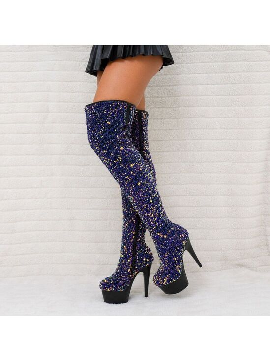 Pleaser Shoes - NIB Adore 3020 Purple Multi Sequin High Heel Platform Thigh High Boots